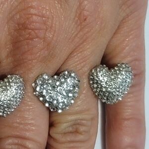 Vintage Double Finger Heart Ring Rhinestone Scarf Holder Silver Tone Adjustable